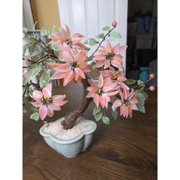 Vintage Chinese Glass Stone Jade Cherry Blossom Bonsai Tree Pink Flowers 14" - Picture 3 of 16